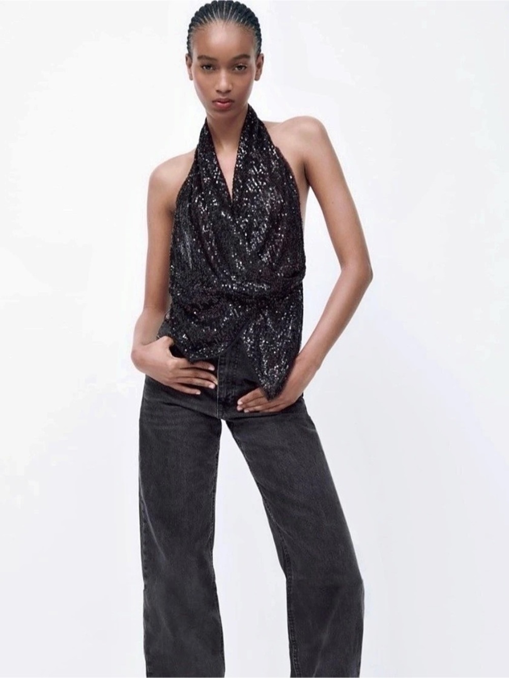 Zara Viral Revenge Top Sequin Halter in Black Small